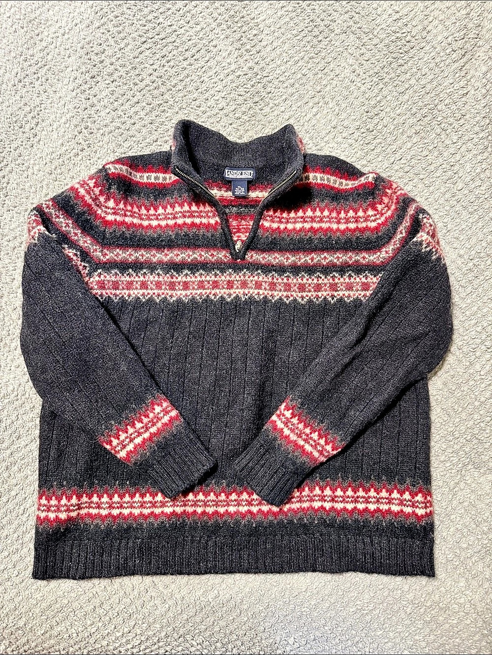 Lands' End Fair Isle Quarter Zip Sweater XL